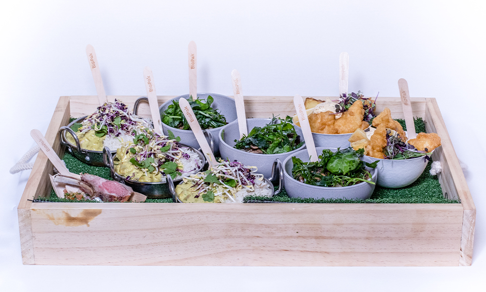 Selection of fork food by bay catering for corporate events